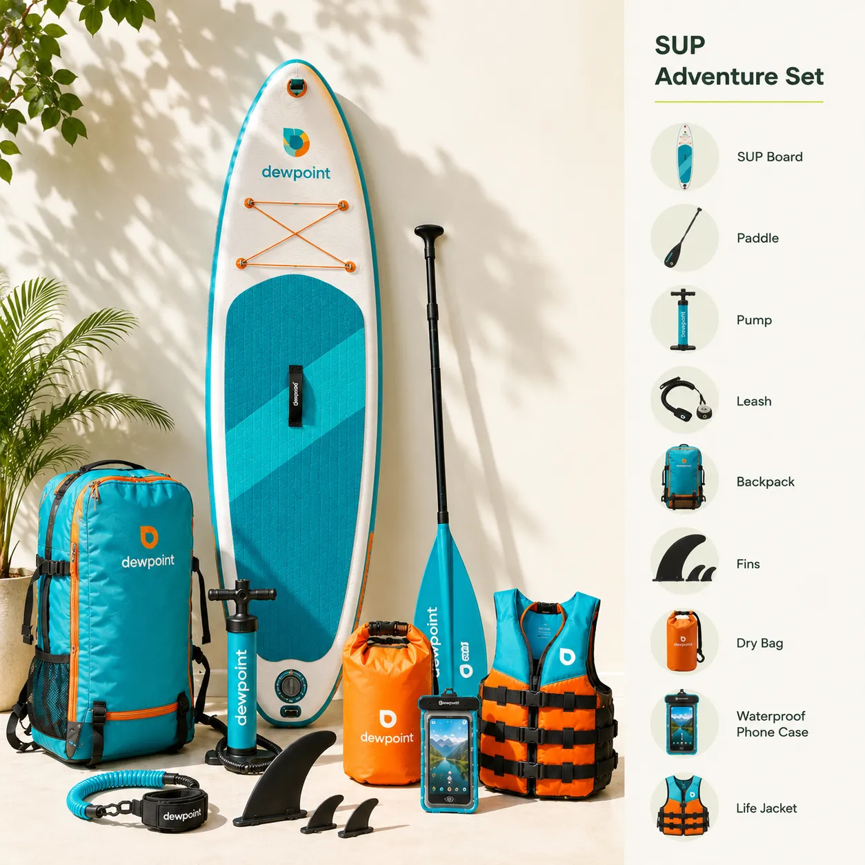 SUP Adventure Set (SUP + paddle + pump + leash + backpack + fins + dry bag + waterproof phone case + life jacket.)