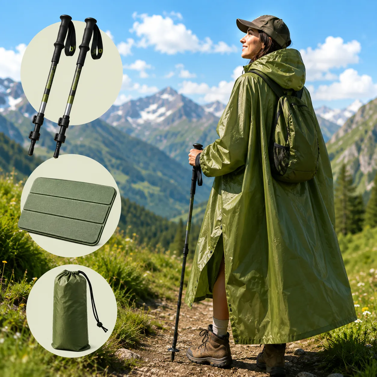 Hiking set (hiking poles + sitting pad + rain coat)