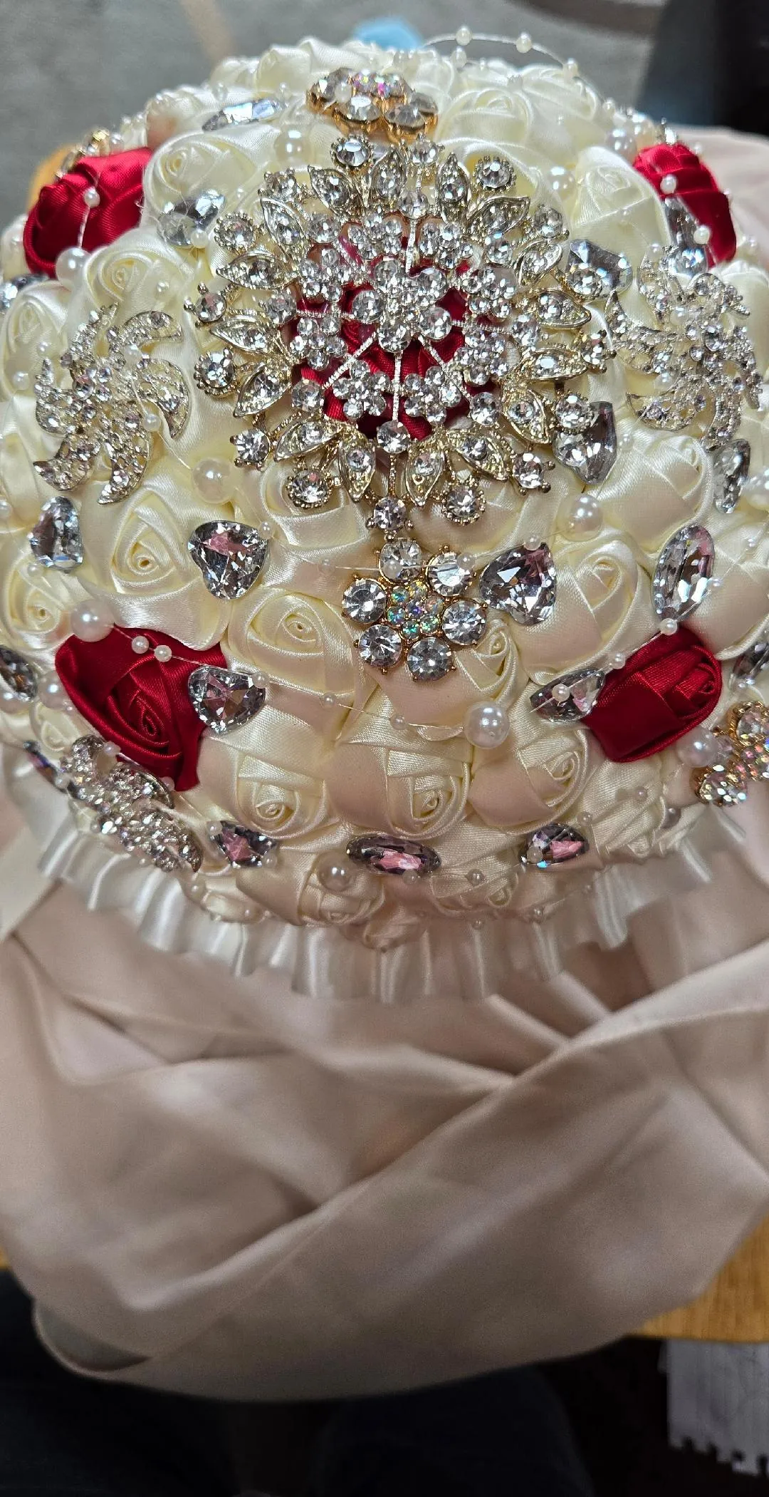 8 inch Ivory/Red Wedding Bouquet Silk Flower with Jewelry