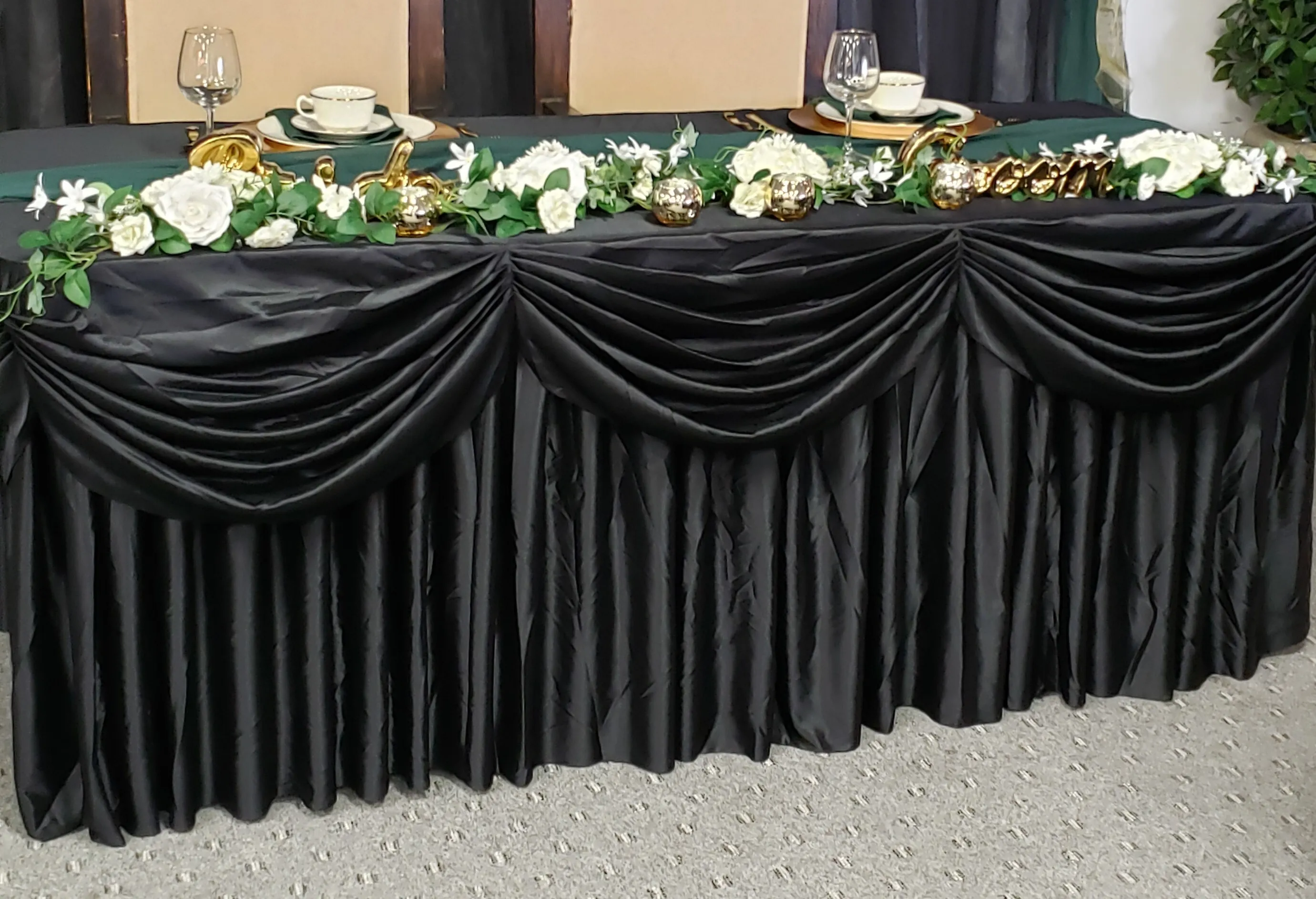 Black Satin Fancy Table Skirt with Valance 8 Foot