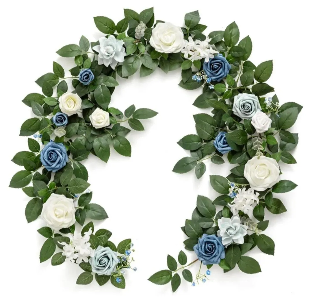 Dusty Blue dark Blue and White Floral Spray