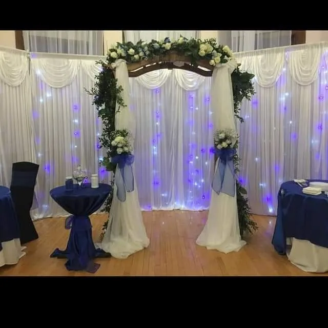 FANCY WHITE SATIN DRAPES WITH VALANCE 20 FOOT WIDE 10 FOOT TALL 