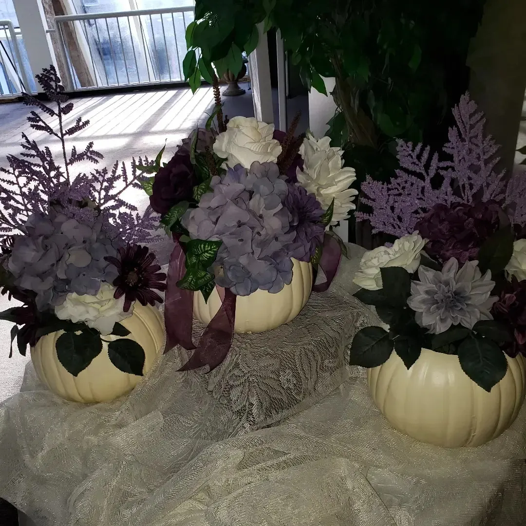 Large Ivory Pumpkin with Purple Flowers