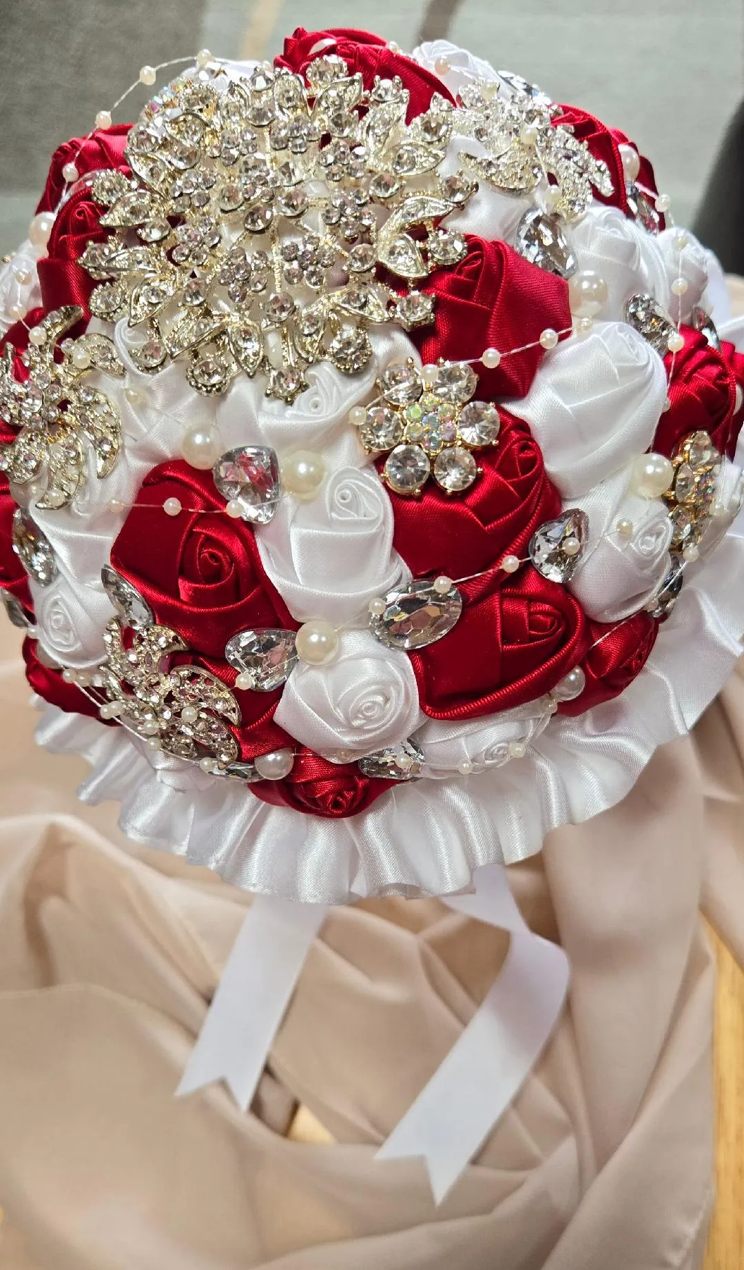 6 1/2 Inch White & Red Wedding Bouquet Made of Silk Roses with Jewelry and Pearl Embellishments