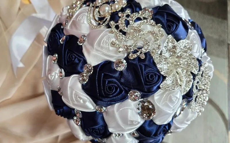 8 Inch Navy & White Satin Rose Bouquet With Jewely Embellishments