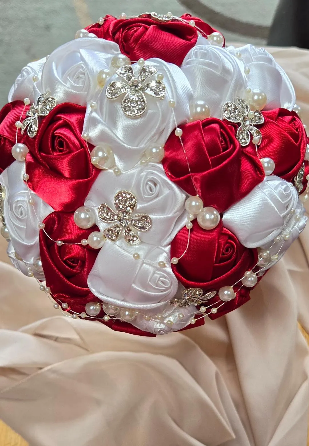 6 1/2 Inch White & Red Silk Flowers with Jewelry and Pearls