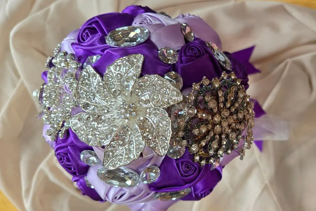 6 1/2Inch Purple & Lilac Satin  Flowers with Jewels Bouquet