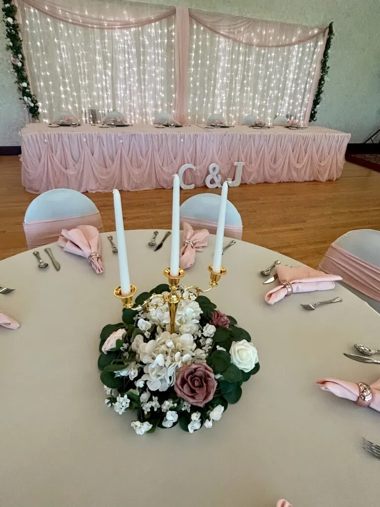 Rose Gold Cinderella Table Skirt with Silver Rhinestone Pendants