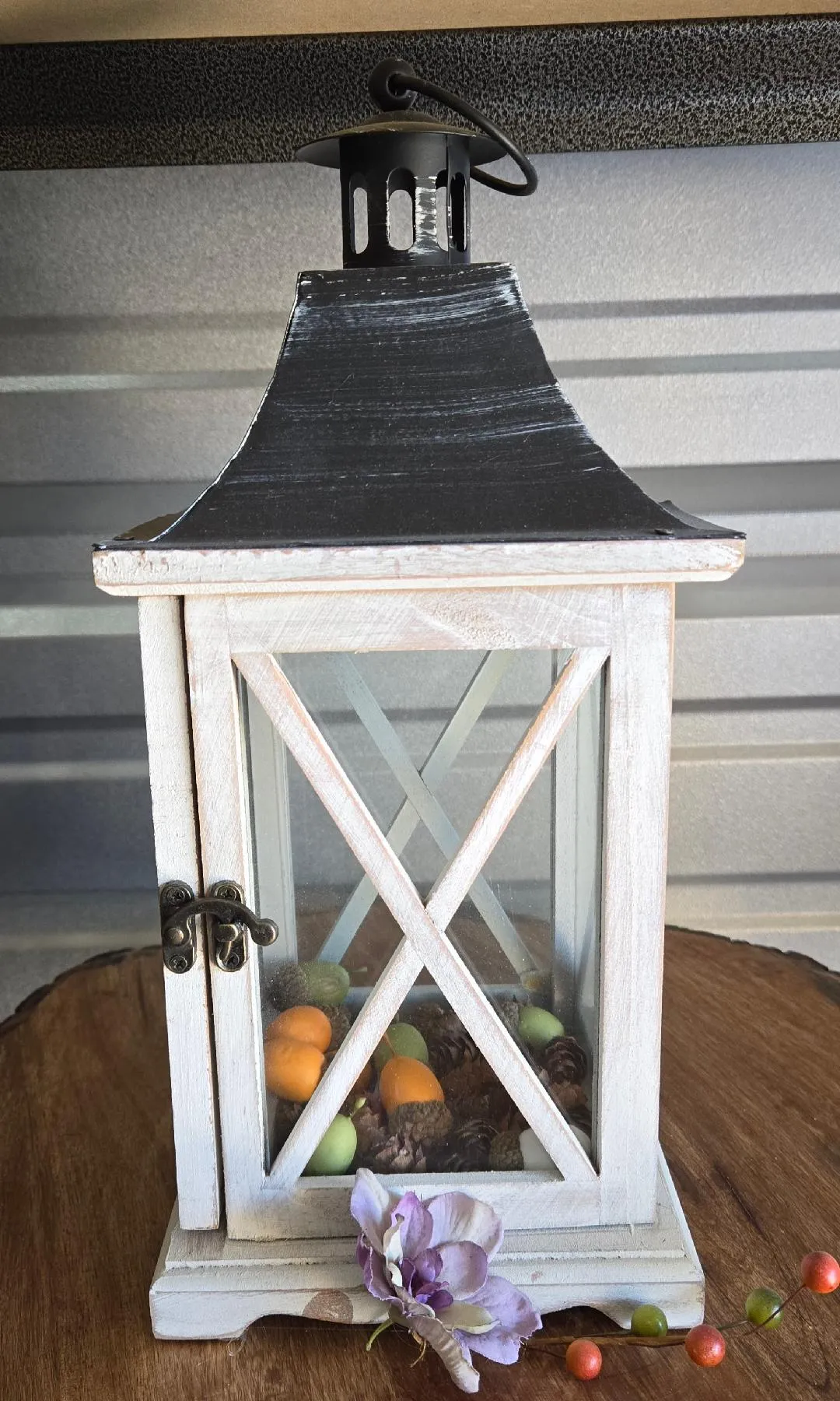 White Antiqued Lantern With Black Top 6inches Wide 14 inches Tall