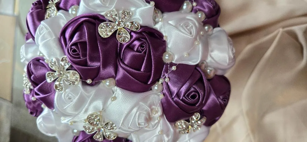 8  Inch Wide Plum And White Satin Roses With Rhinestones Bouquet