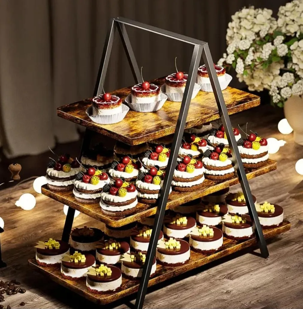 3 Tier Metal Dessert Server with Wood Shelves