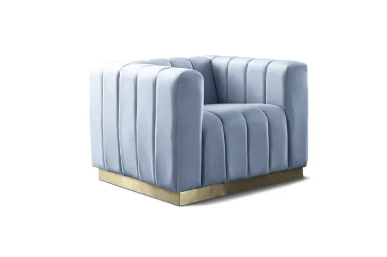 Slate Blue Velvet Channel-Tufted Chair with Gold Base