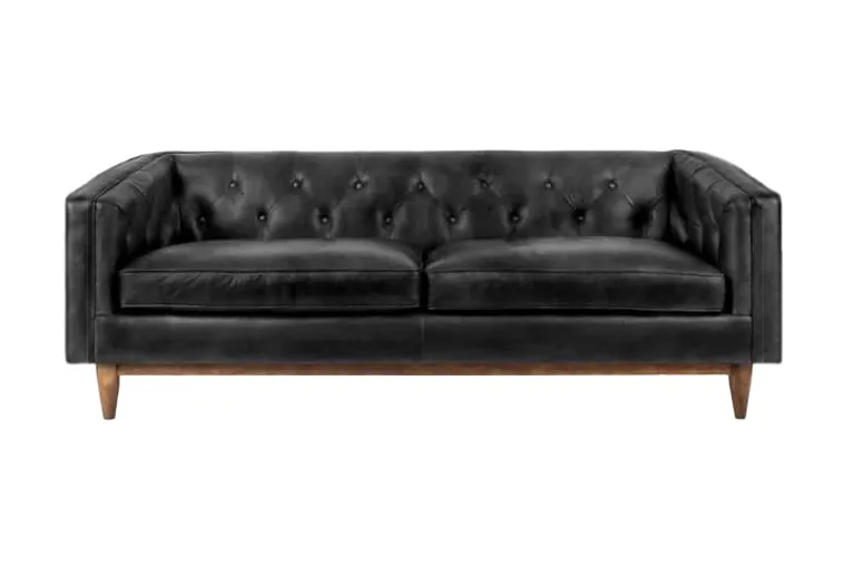 Black Tufted Leather Sofa with Wooden Legs