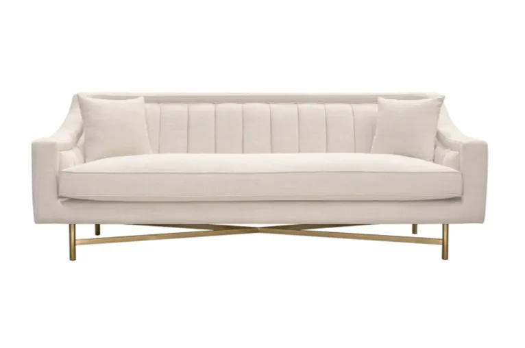 Cream Linen Channel-Tufted Sofa with Brushed Gold Metal X-Frame