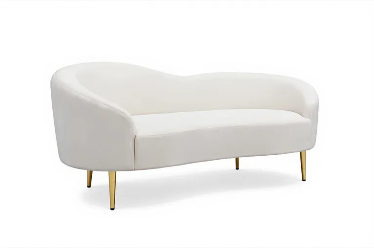 Cream Velvet Curved-Back Loveseat with Gold Legs