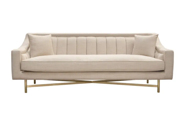 Sand Linen Channel-Tufted Sofa with Brushed Gold Metal X-Frame
