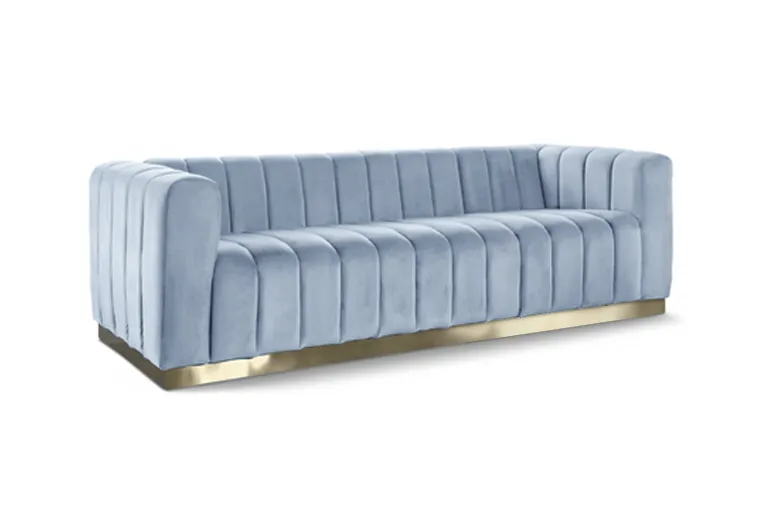 Slate Blue Velvet Channel-Tufted Sofa with Gold Base
