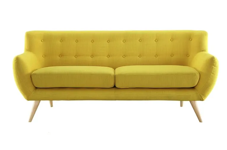 Yellow Mid-Century Modern Sofa with Linen-look Fabric and Wooden Legs