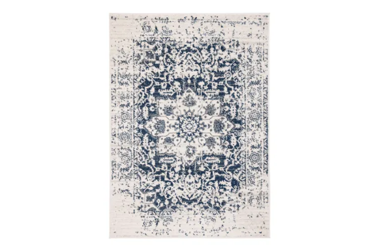 Ecru and Dark Blue Distressed Heriz Style Rug