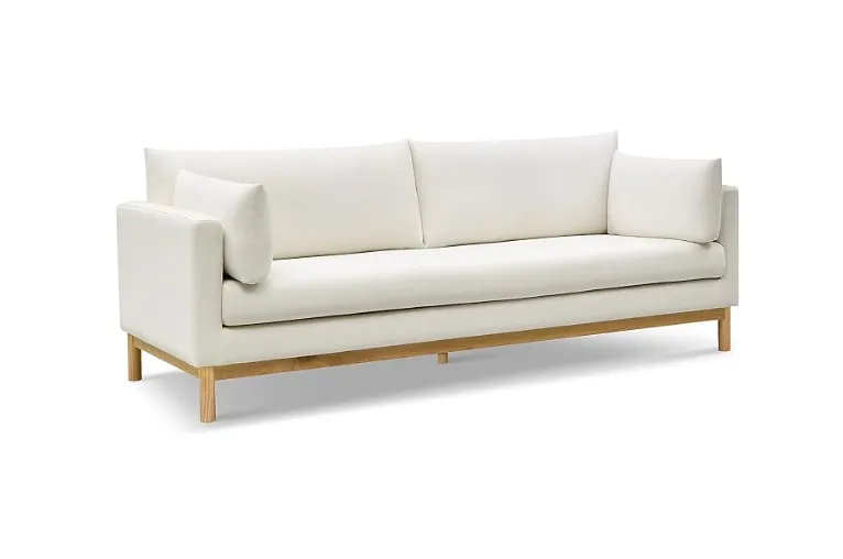 Ivory Nubbed Linen Sofa with Wood Base