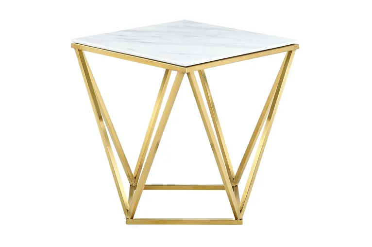 Geometric Marble Top End Table with Gold Frame