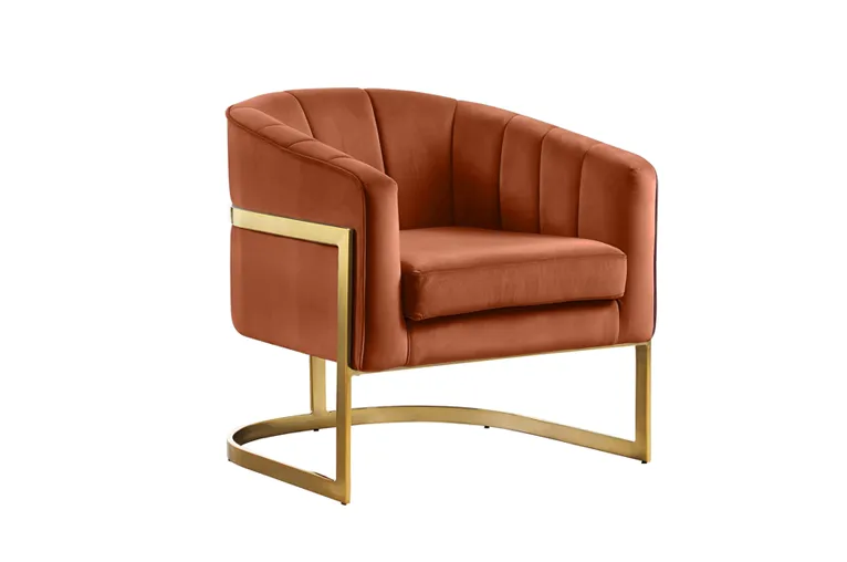 Russet Velvet Channel-Tufted Barrel Chair with Gold Stainless Steel Frame