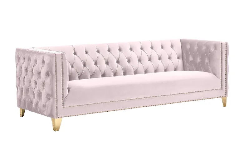 Pale Pink Tufted Velvet Sofa with Gold Metal Feet