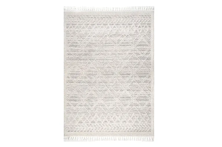 Light Gray, Rustic, Sculpted Pile, Geometric Design Rug