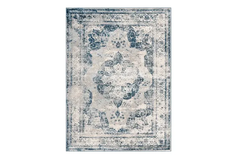 Distressed Effect Blue and White Tabriz Style Rug