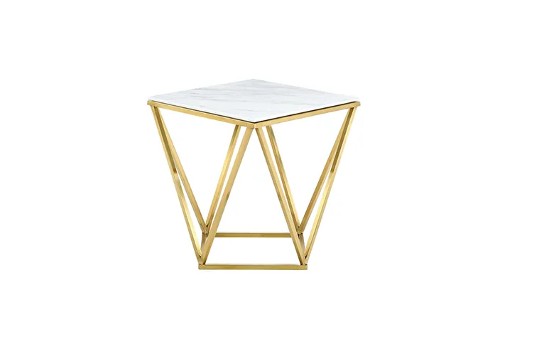 Geometric Marble Top End Table with Gold Frame