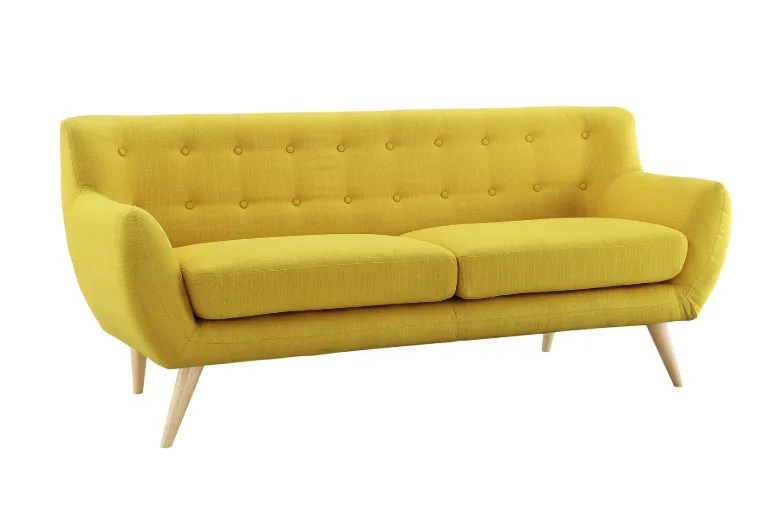 Yellow Mid-Century Modern Sofa with Linen-look Fabric and Wooden Legs