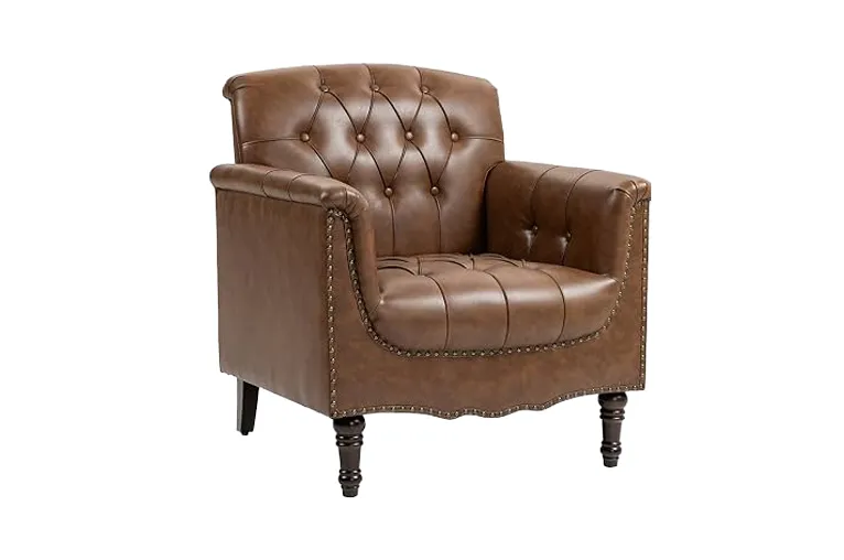 Cognac Tufted, Nailhead, Leather-Look Club Chair
