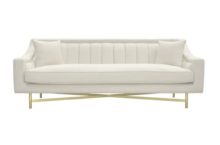 Cream Linen Channel-Tufted Sofa with Brushed Gold Metal X-Frame