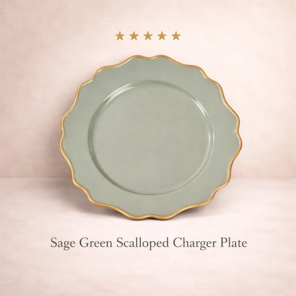 Charger Plate Scalloped Sage green  & Gold trim-