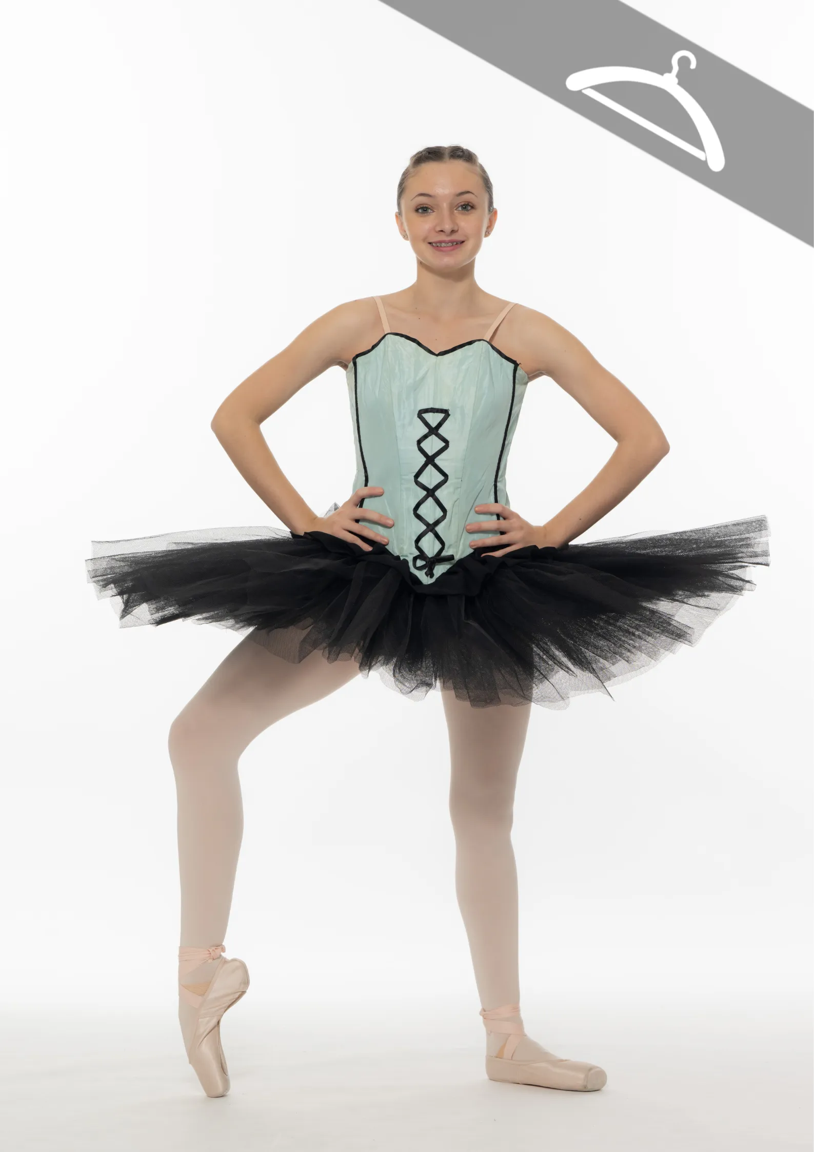 Corset vert-d'eau et tutu plateau noir réf : C33/HAUT6 - Essayage