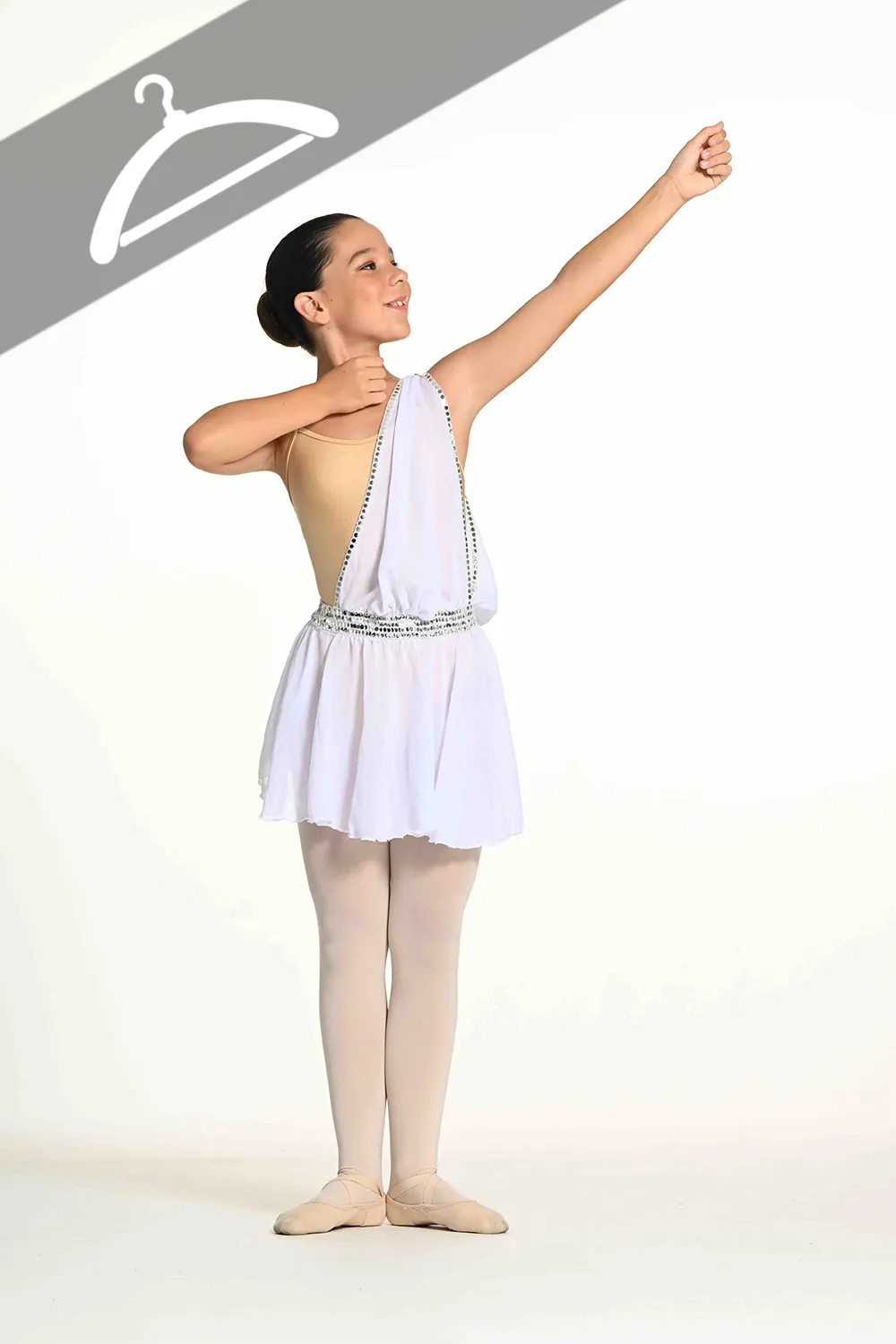 Robe Asymétrique Blanche et Argent et Justaucorps Chair style « Cupidon » - Essayage