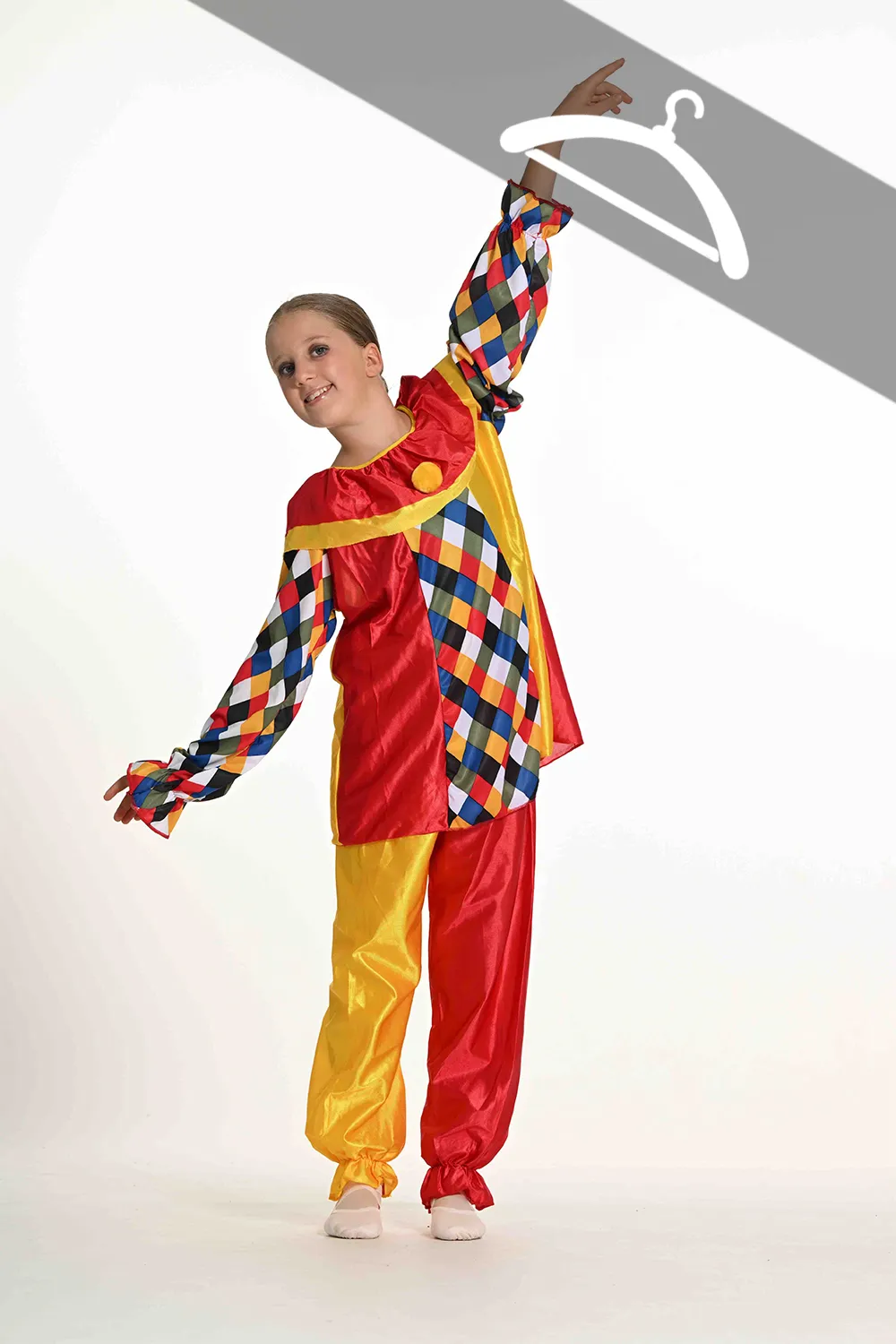 Costume Clown Arlequin Jaune/Rouge - Essayage