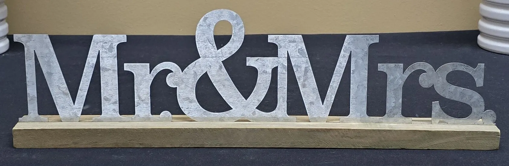 Galvanized Mr & Mrs sign with wood base