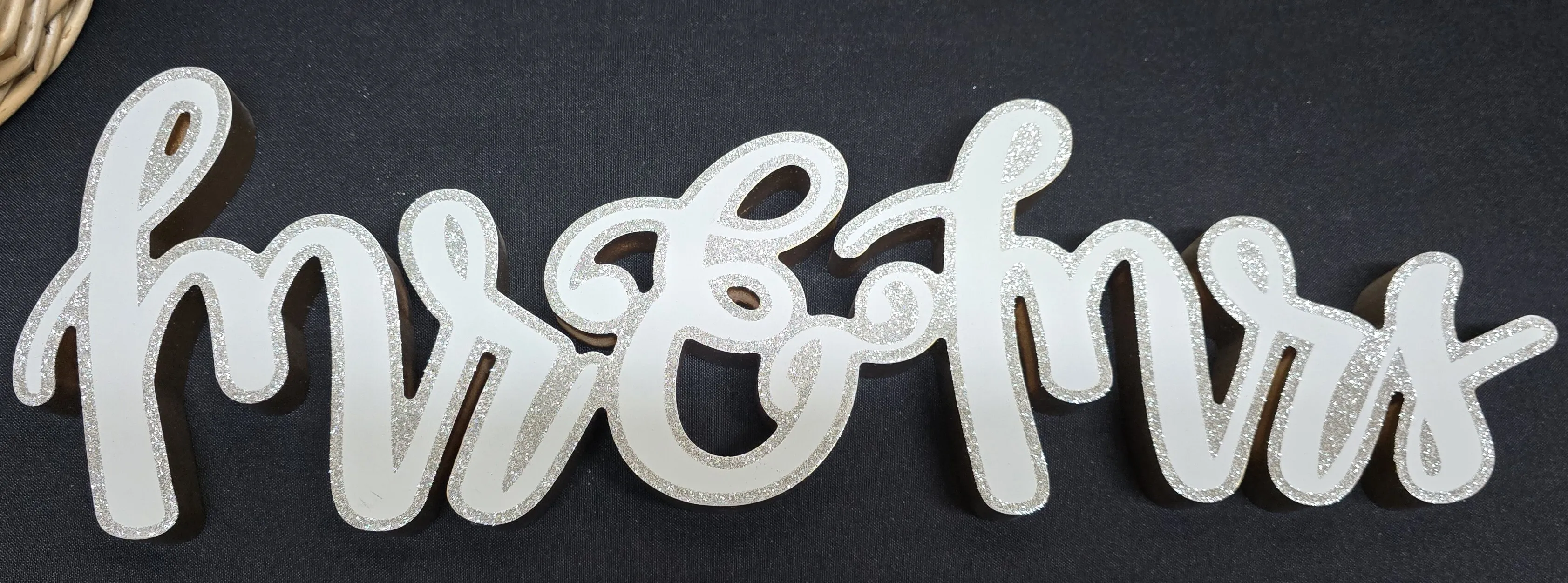Mr & Mrs White Sign Glitter outline 20 x 6 inch
