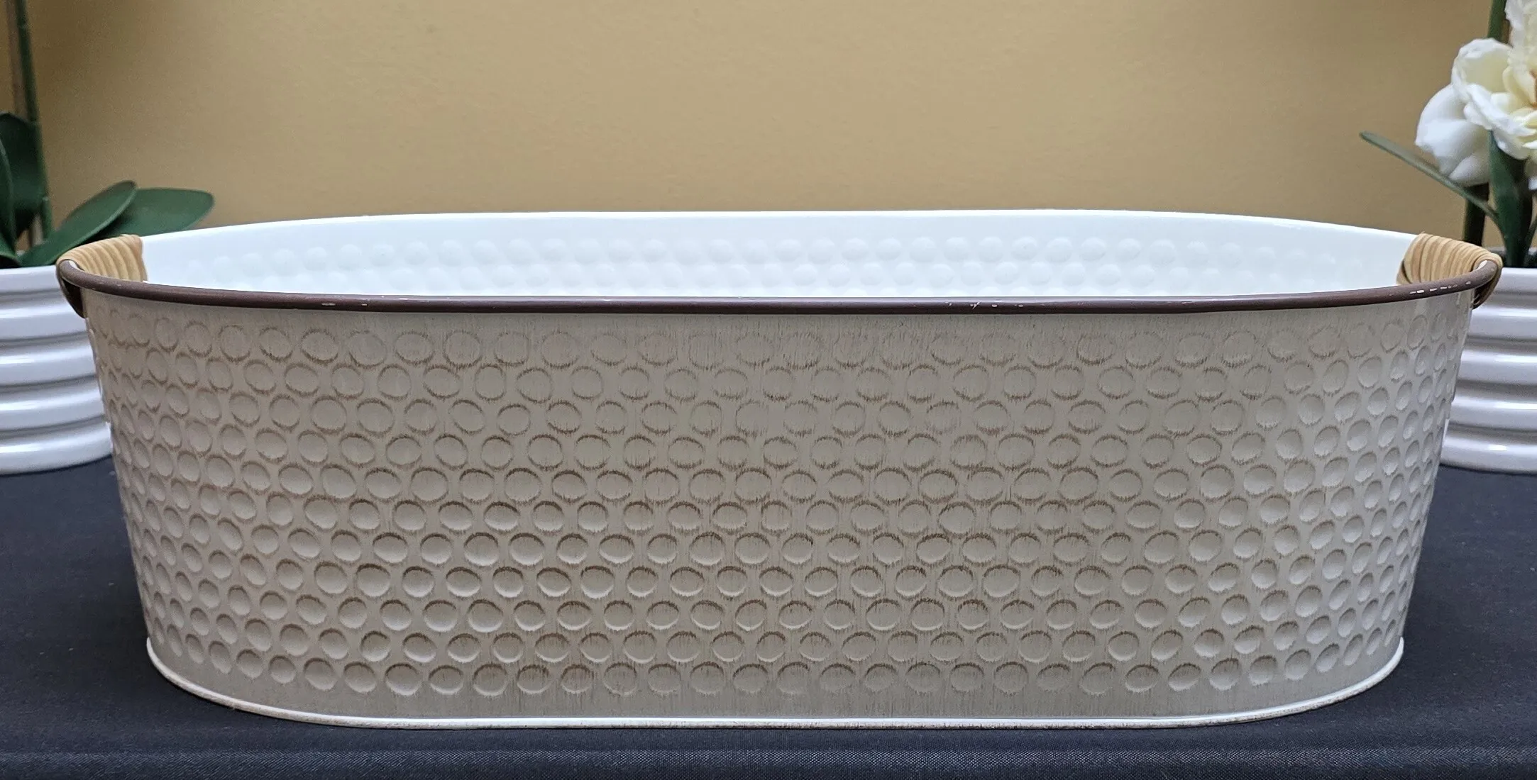 White Metal Bin with brown accent