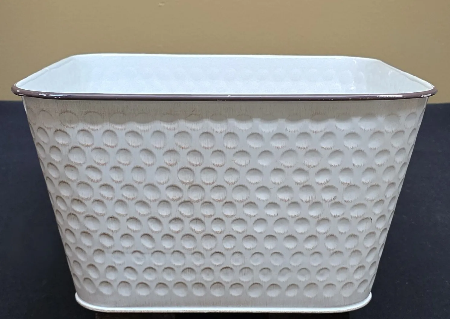 White Metal Bin with brown accent-square