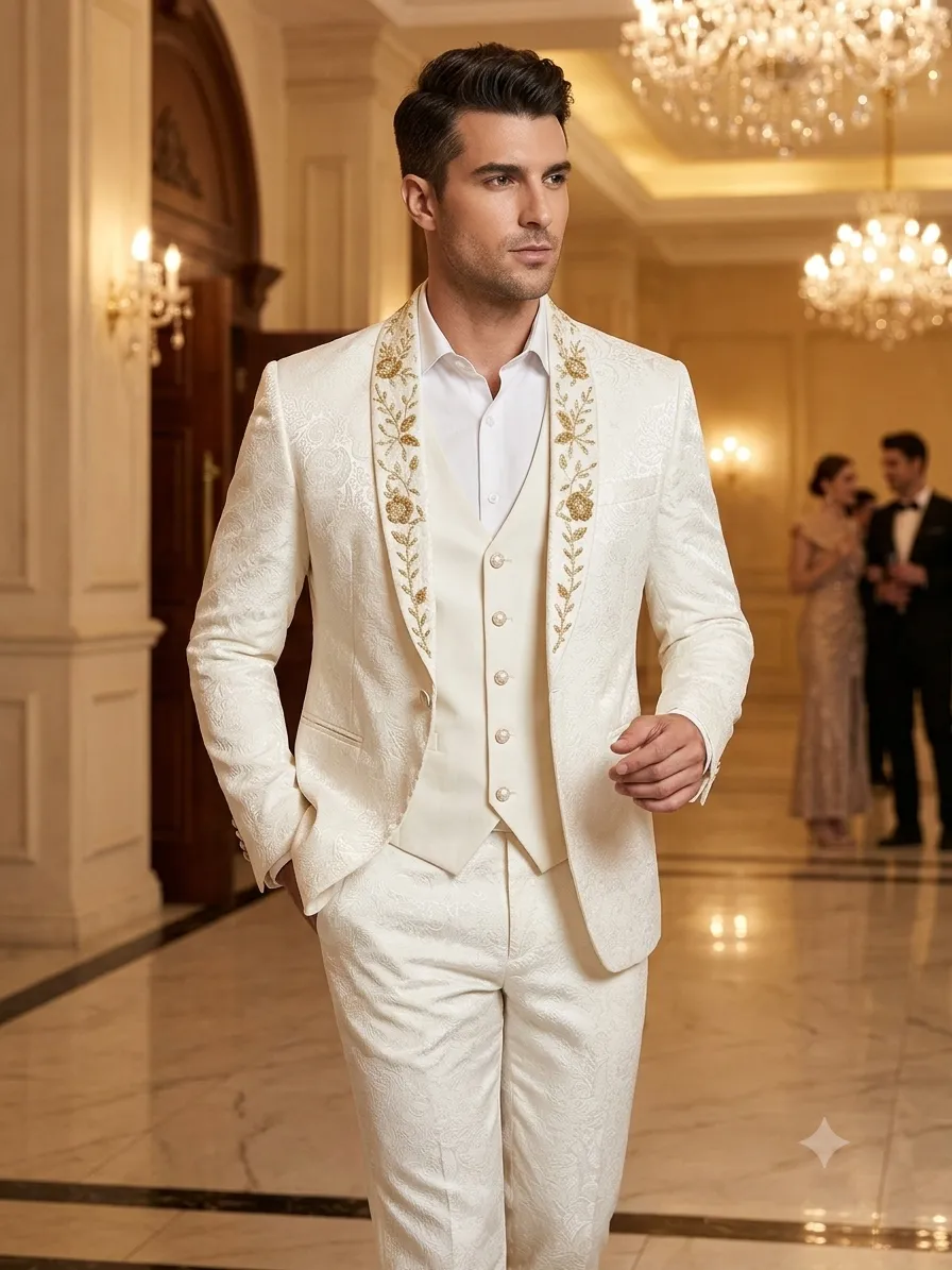 White With Gold Lapel Embroidery Tuxedo