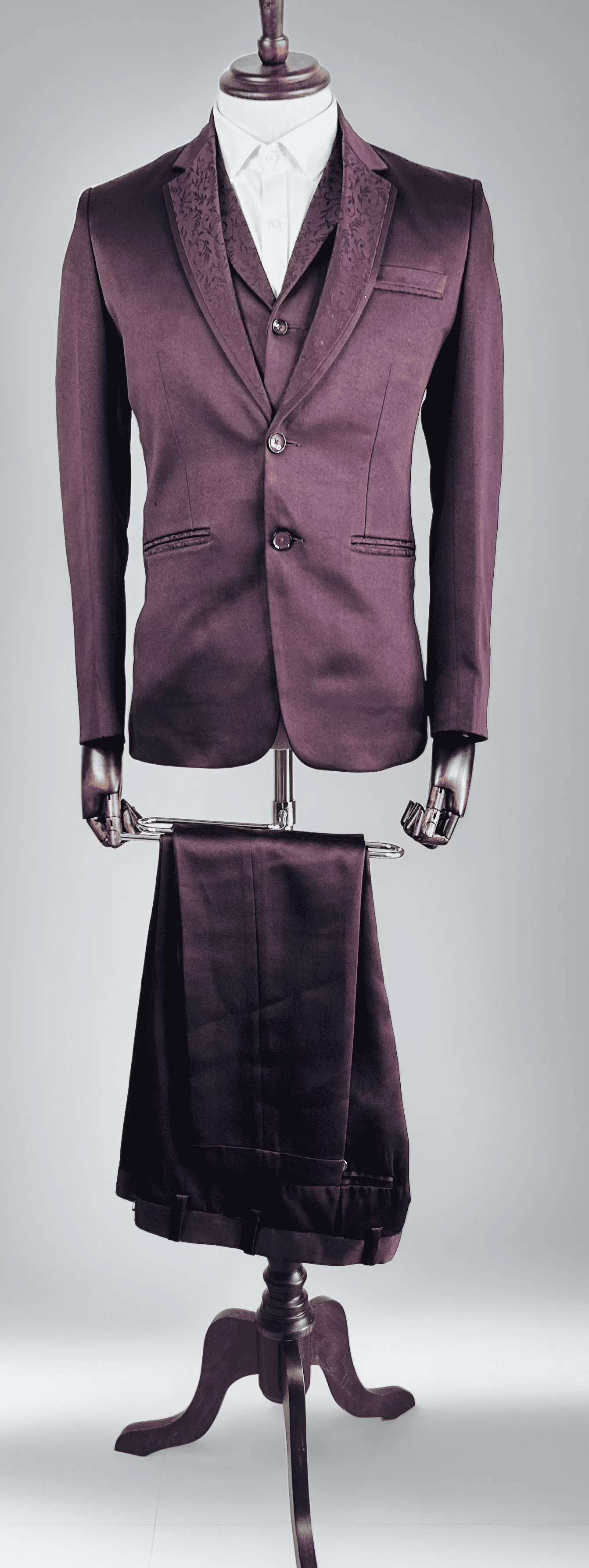 Wine Lapel Printed 3 Piece Suit 