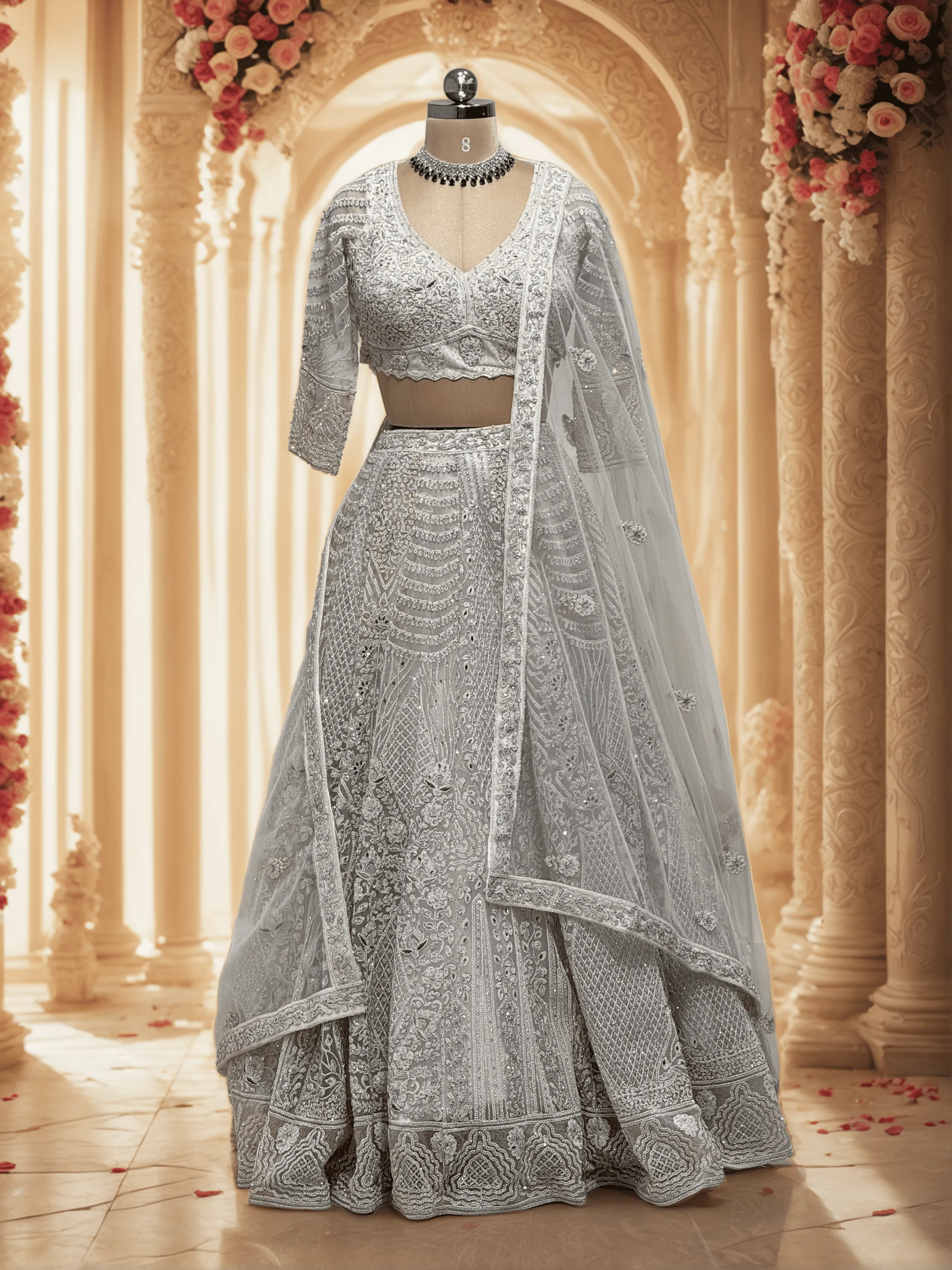 Pearl White Embroidery Bridal Lehenga - L0074 , GRW