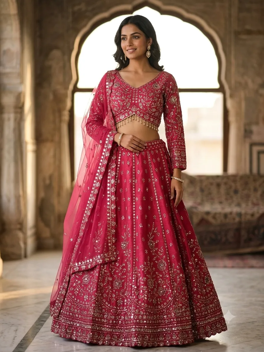 Raspberry Silk Work Bridal Lehenga 