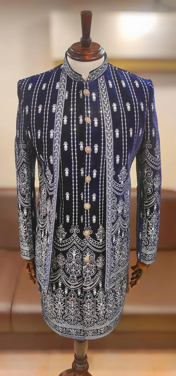 Navy Blue Velvet Heavy Embroidery Groom Sherwani