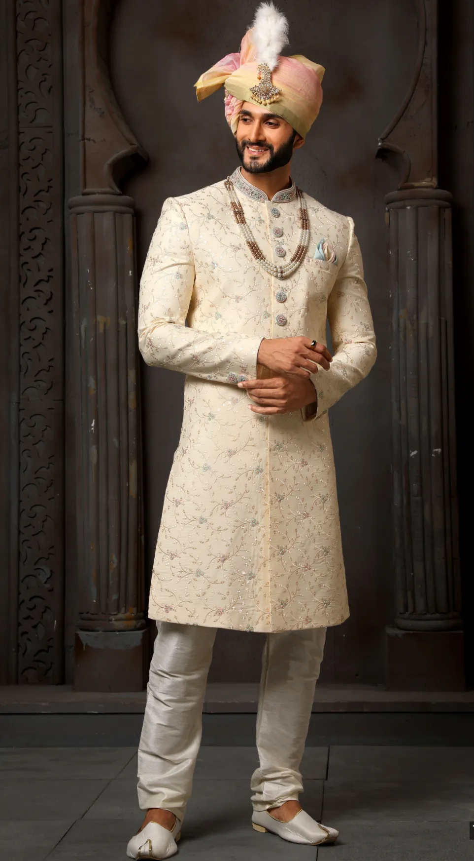 Silk Cream Thread Work Artistic Sherwani