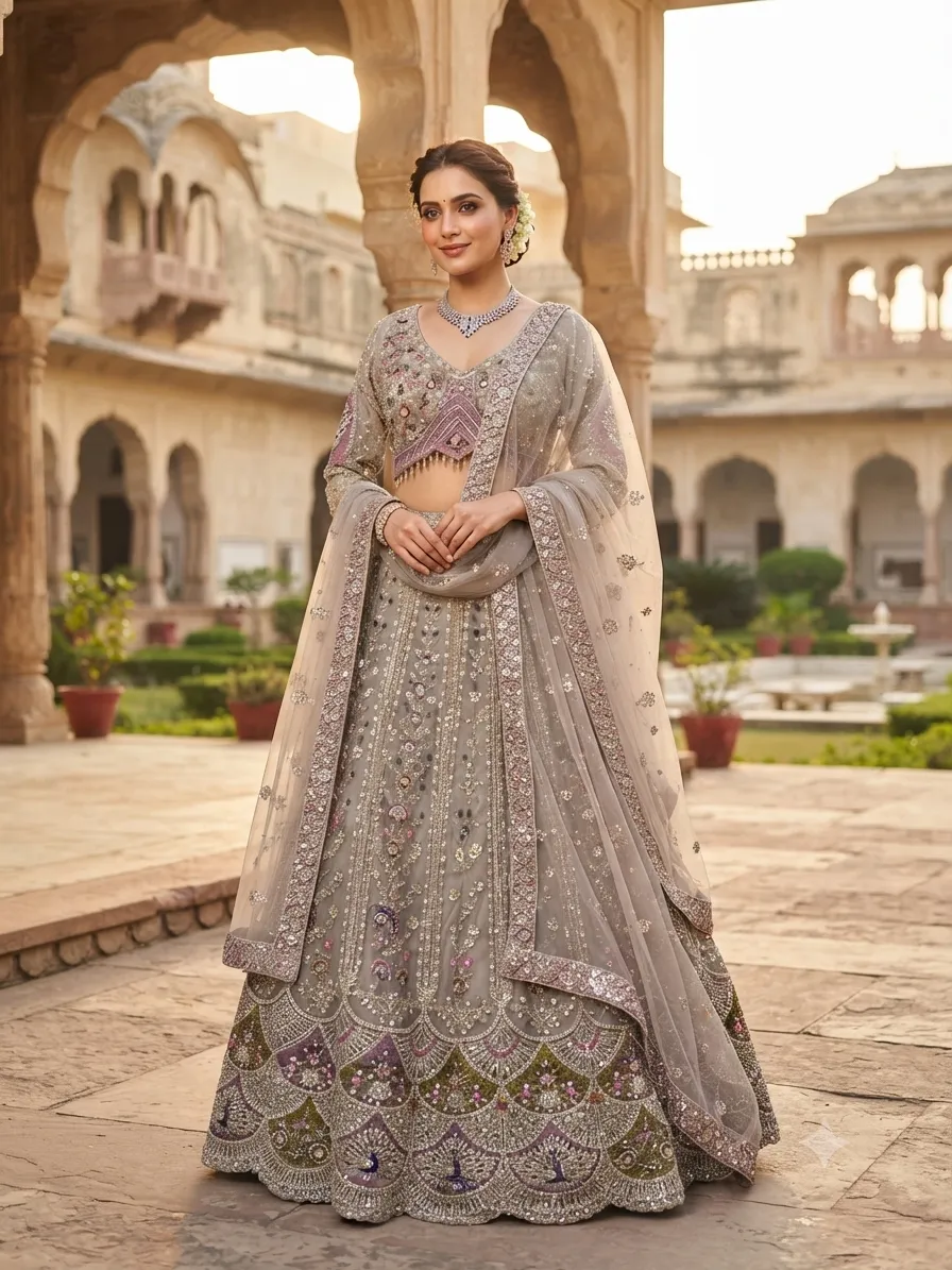 Grey Multi Colour Bridal Lehenga - L0130 - GRW