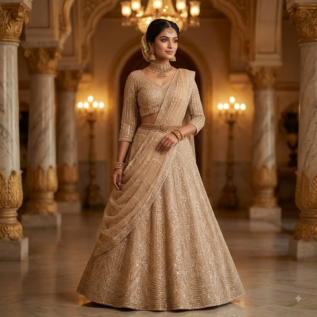 Pastel Beige Sequin Bridal Lehenga - L6097 - GRW