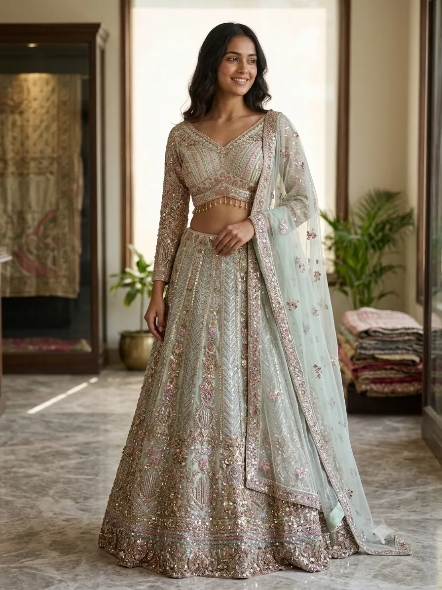 Pista Green With Peach Heavy Work Bridal Lehenga -  L0121